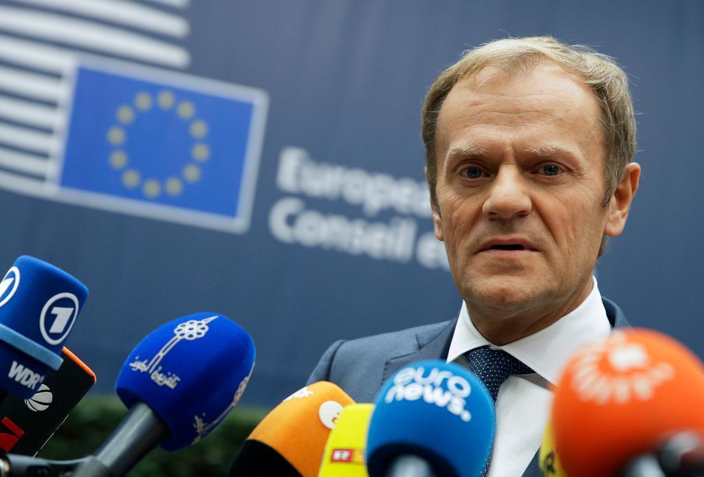 EU-ledarnas permanente ordförande Donald Tusk inför toppmötet i Bryssel. (Foto: Alastair Grant/AP/TT)