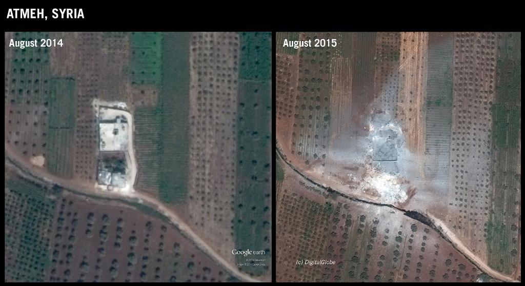 På bilden syns byggnader i Atmeh i Idlib-provinsen före och efter den 11 augusti 2015, då byn attackerades i ett flyganfall. En av de förstörda byggnaderna ska ha använts av en väpnad grupp, medan de två intilliggande var civila hus. (Foto: Arkivbild.
DigitalGlobe/Google Earth)