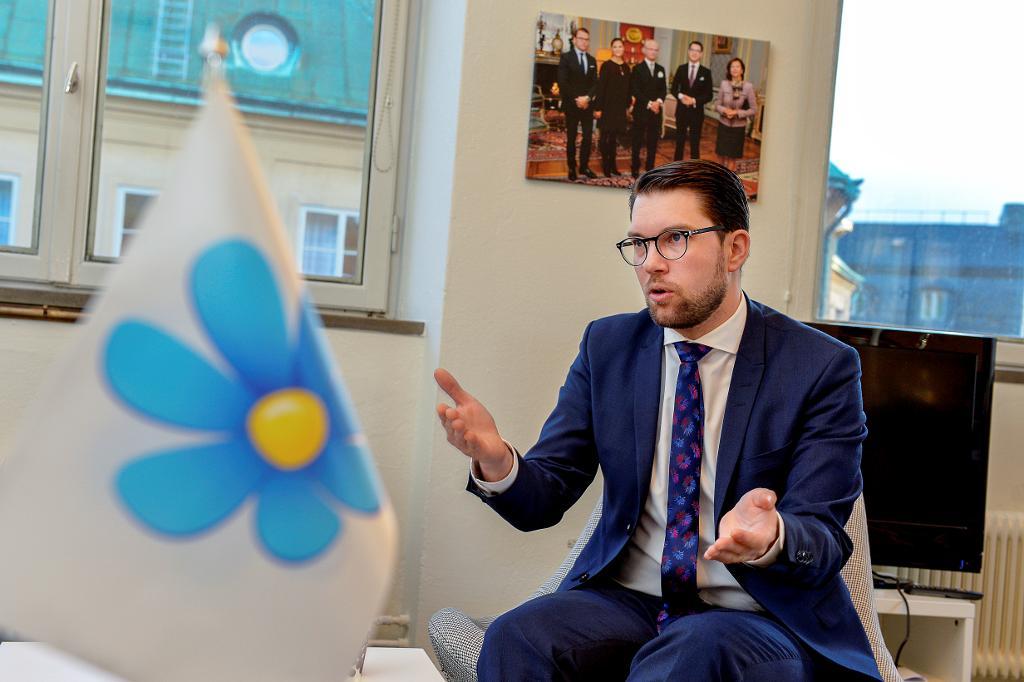 Sverigedemokraternas partiledare Jimmie Åkesson ska hålla tal när partiet har kommunkonferens i Västerås. (Foto: Jonas Ekströmer/TT)