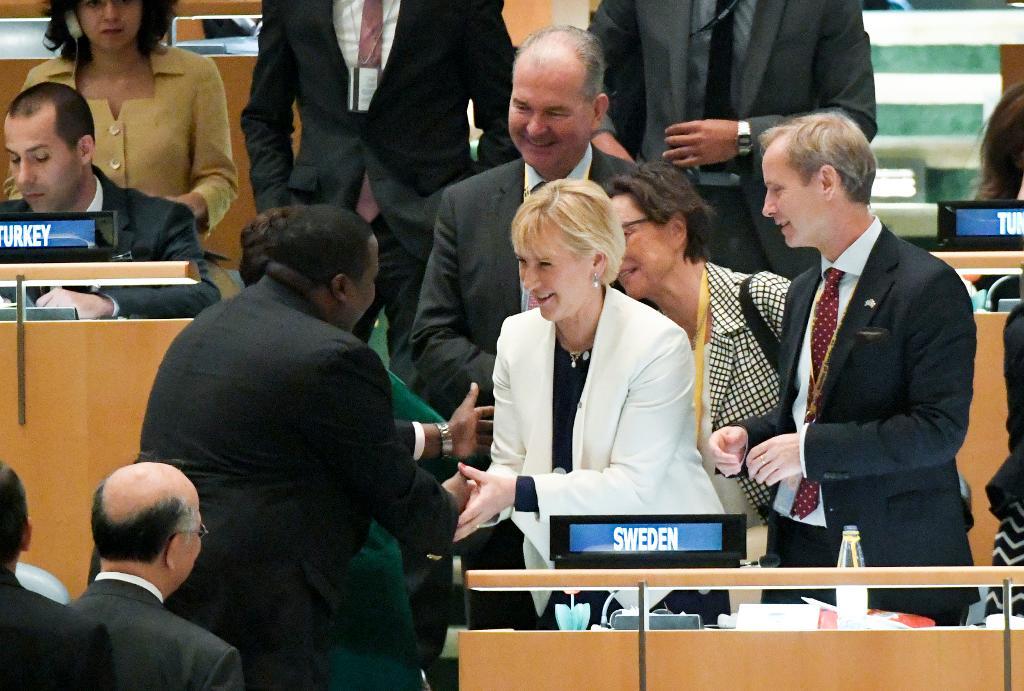 Utrikesminister Margot Wallström (S) och FN-ambassadör Olof Skoog gratuleras i FN:s generalförsamling efter omröstningen som gav Sverige en icke-permanent plats i säkerhetsrådet 2017-18. (Foto: Pontus Lundahl/TT)