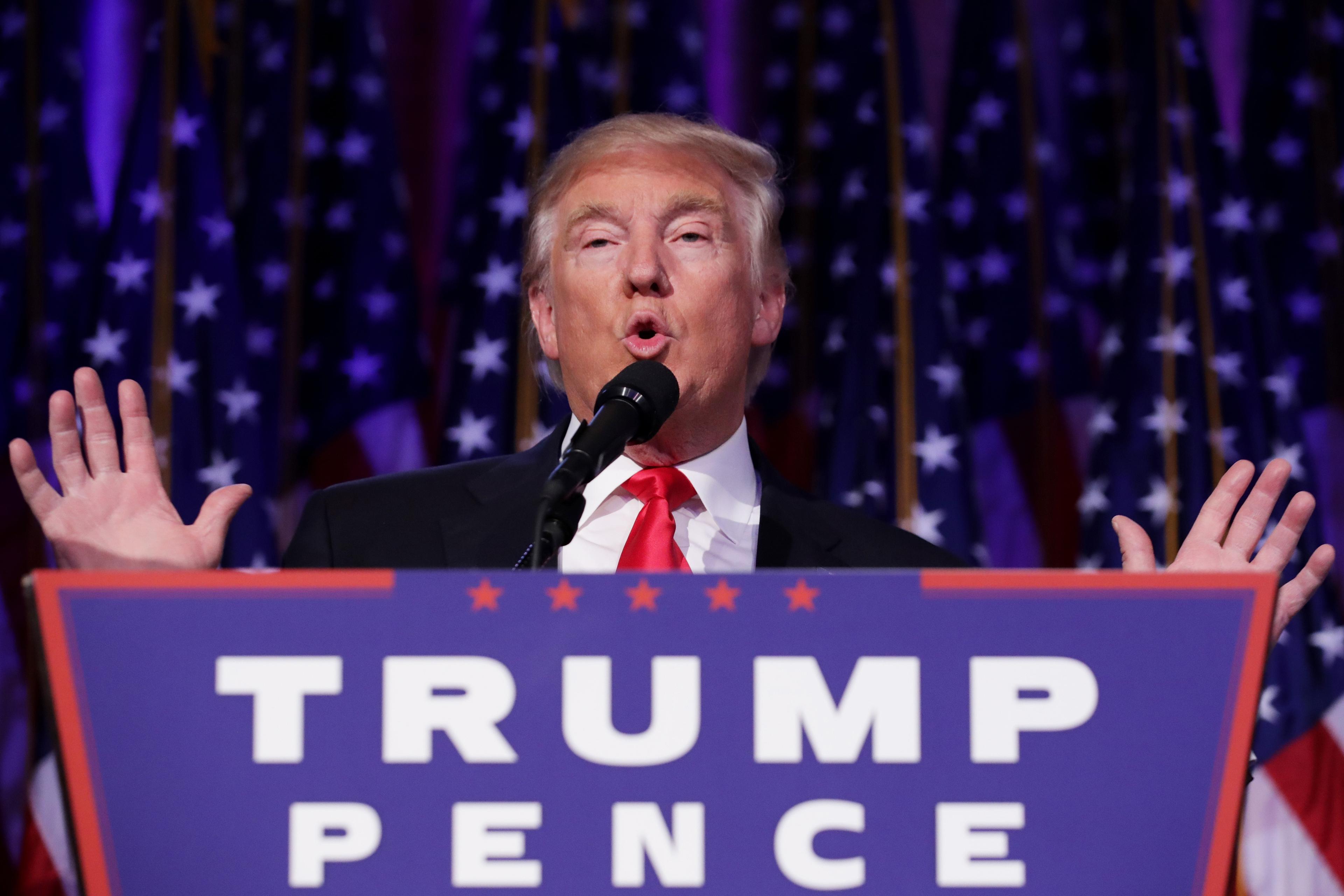 Republikanernas Donald Trump håller sitt tal i New York efter att ha valts till USA:s 45:e president. (Foto: Chip Somodevilla/Getty Images)