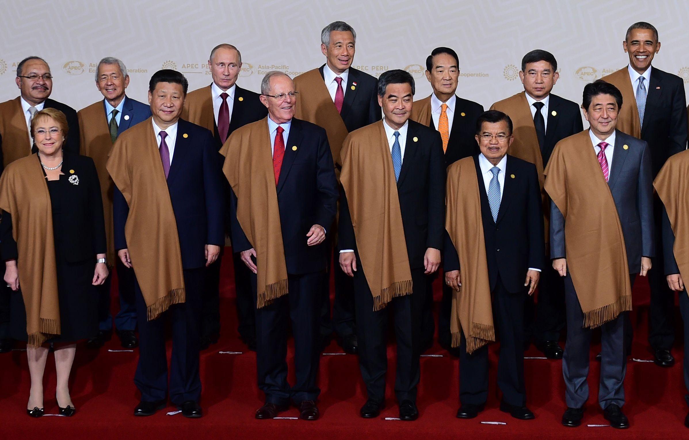 Kinas ledare Xi Jinping (andra från vänster, främre raden) och Hongkongs Chief Executive Leung Chun-ying (fjärde från vänster, främre raden) står med övriga APEC-ledare under toppmötets sista dag i Lima, Peru, 20 november. (Foto: Martin Bernetti/AFP/Getty Images)