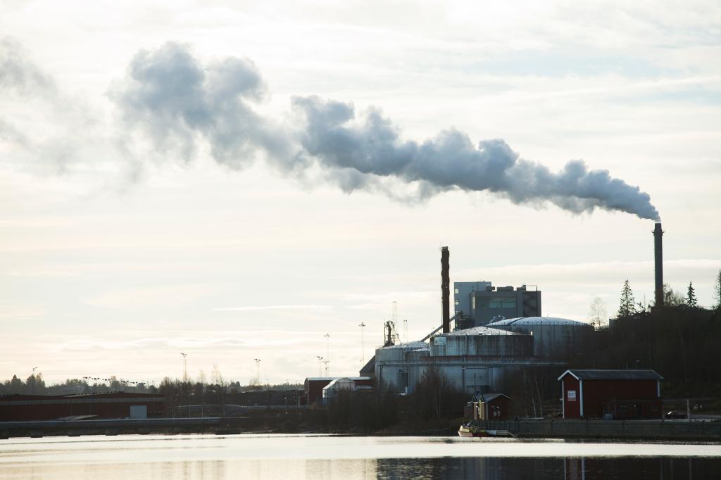 Rök ur skorstenen från en fabrik. (Foto: Fredrik Sandberg/TT)