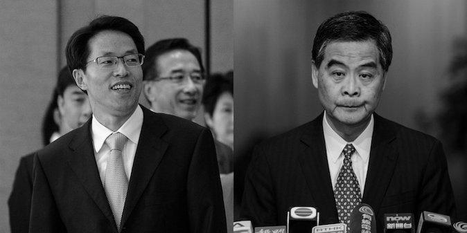Zhang Xiaoming, chefen för Kinas kontaktkontor i Hongkong och Leung Chun-ying, Hongkongs avgående högste politiske ledare. Nu kommer fler exklusiva uppgifter om hur Peking manövrerat ut dem. (Foto: Philippe Lopez/AFP/Getty Images; Anthony Wallace/AFP/Getty Images)