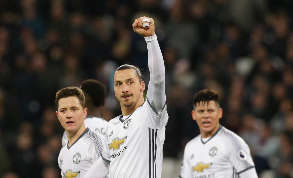 Zlatan Ibrahimovic firar sitt mål som gav 2-0 mot West Ham. (Foto: Alastair Grant/AP/TT)
