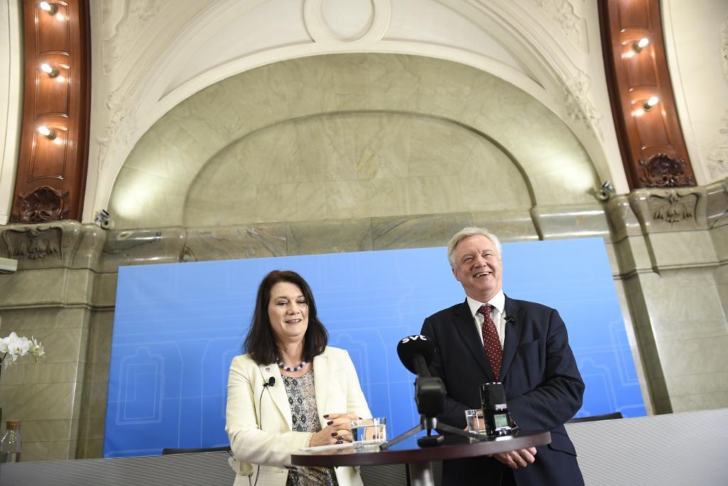EU-minister Ann Linde och David Davis, ministern för Storbritanniens utträde ur EU, vid en gemensam pressträff i Rosenbad i Stockholm.
Foto: Maja Suslin/TT