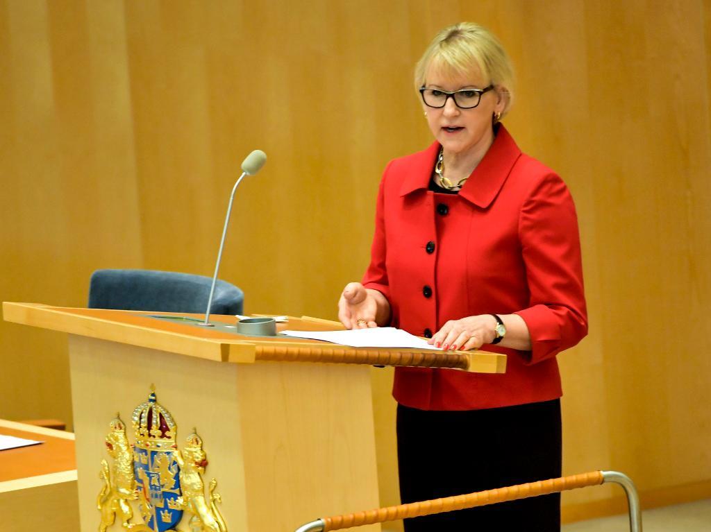 Utrikesminister Margot Wallström i talarstolen under onsdagens utrikespolitiska debatt i riksdagen. Foto: Jonas Ekströmer/TT