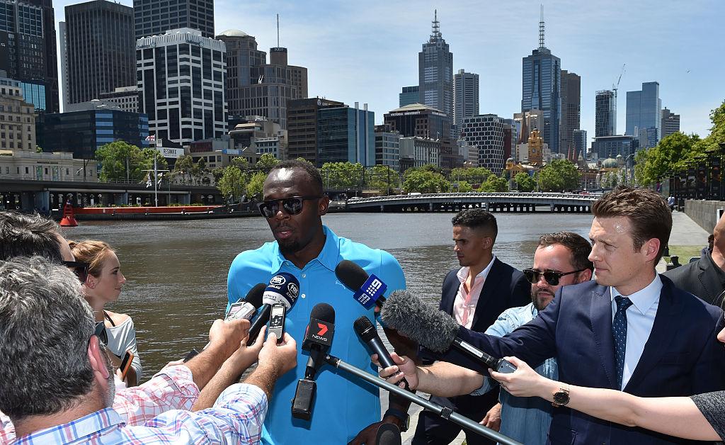  Usain Bolt i Melbourne 4 november 2016 talar med media. Foto: Paul Crock /AFP/Getty Images)