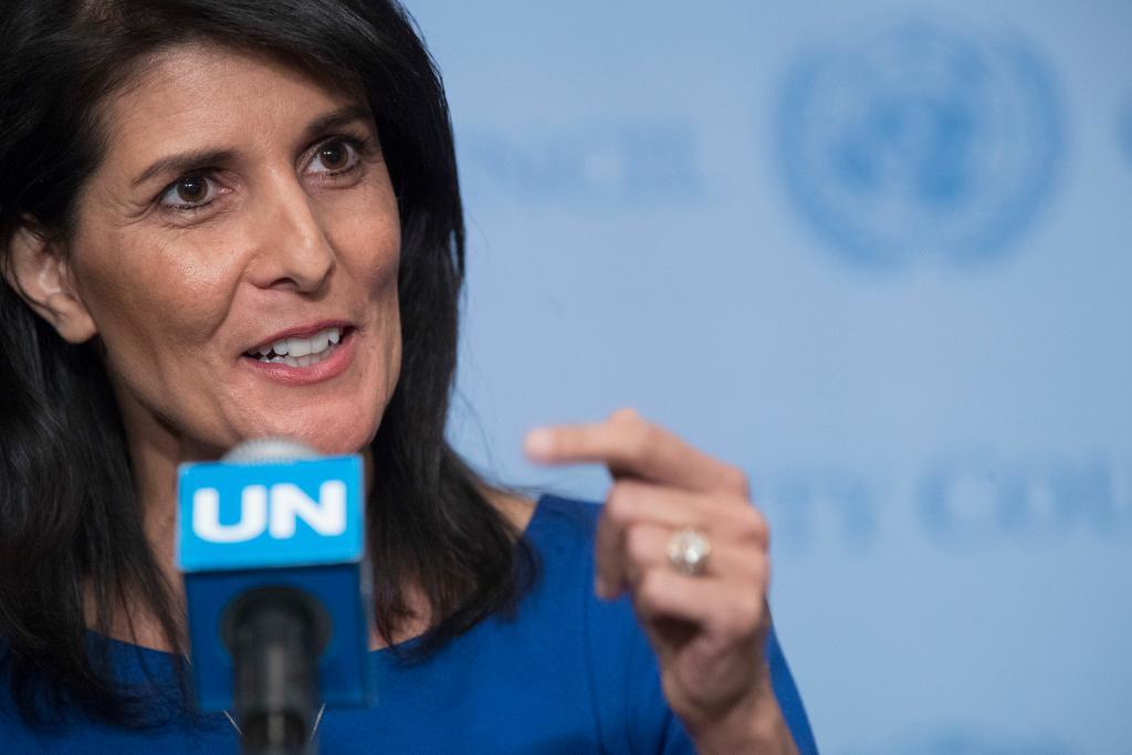 USA:s FN-sändebud Nikki Haley efter mötet i FN:s säkerhetsråd. Foto: Mary Altaffer/AP/TT