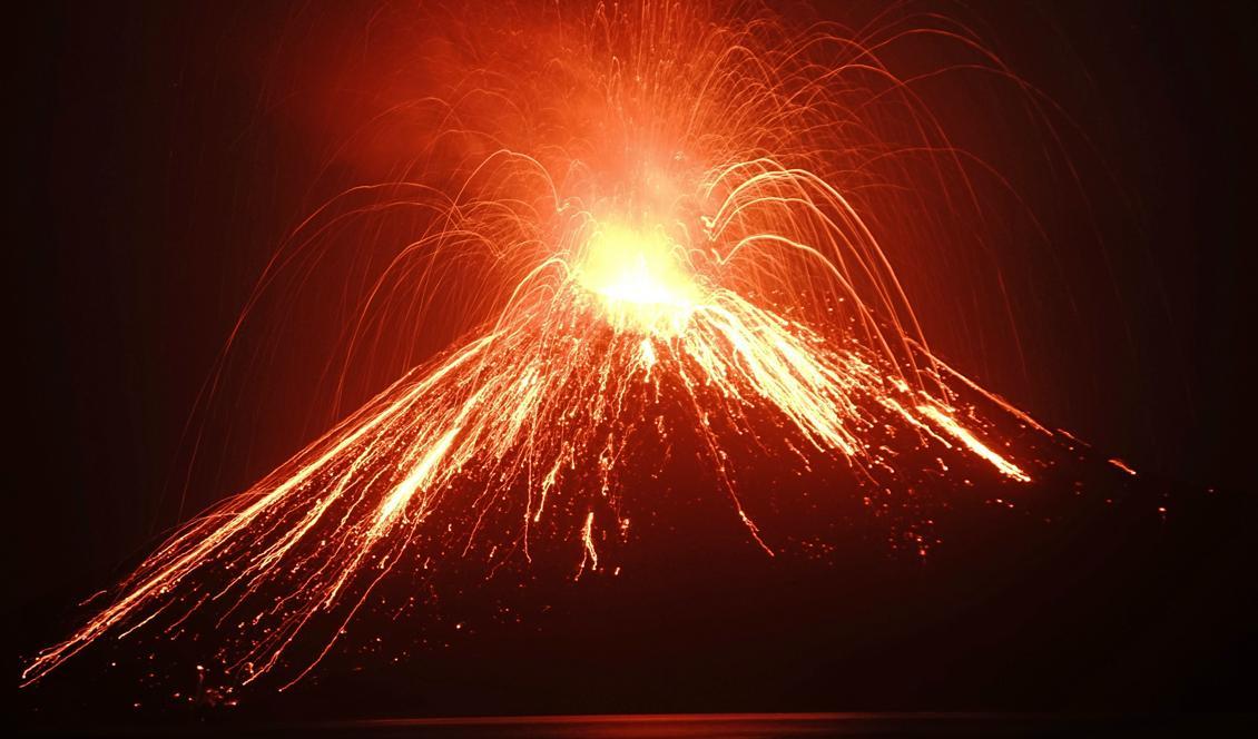 
Lava strömmar nerför vulkanen Anak Krakatoa, sedd från Rakata island i södra Lampung, Indonesien. Vulkanens namn betyder barn av Krakatoa, som hade ett stort utbrott 1883. Foto: Ferdi Awed/AFP/Getty Images                                            