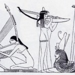 Egypten: Bilder från Mesopotamien och Egypten på ungefär 5000 år gamla målningar och reliefer föreställande bågharpor. Formen och storleken på harporna varierar. Harpan har funnits på många håll i världen under så lång tid att ingen med säkerhet kan uppge en bestämd tidpunkt för den allra första harpans uppkomst. Det man vet är att all tidig historik enbart bygger på tolkningar av bilder från olika slags dåtida konstnärer. Bilder: (Music a pictorial archive of woodcuts & engravings. Jim Harter Copyright-free illustrations)