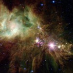Unga stoftbeslöjade stjärnor i klustret RCS2 032727-132623. (Foto från NASA, JPL-Caltech, P.S. Teixeira/Center for Astrophysics)