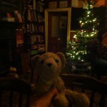 Den lilla nallen har hittat en mysig pub med brasa och julgran. Tror att han längtar hem ändå. (Twitter/Lauren Bishop Vranch)