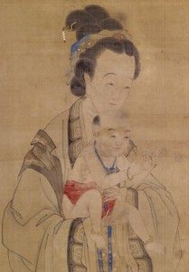 Sjuttonhundratals kinesisk målning av en mor som överlämnar sitt barn till templet. (Walters Art Museum)
