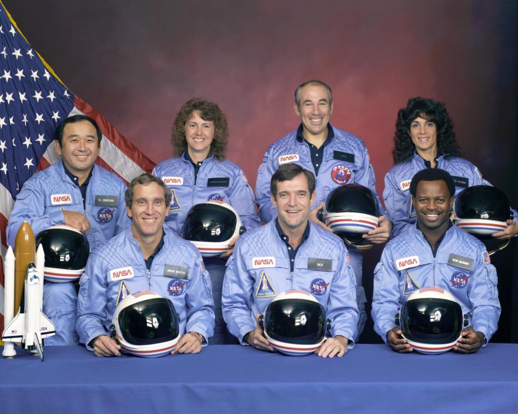 Besättningen på Challengers expedition 1986. Läraren Christa McAuliffe näst längst till vänster på övre raden. (Foto: Nasa/AP/TT-arkivbild)