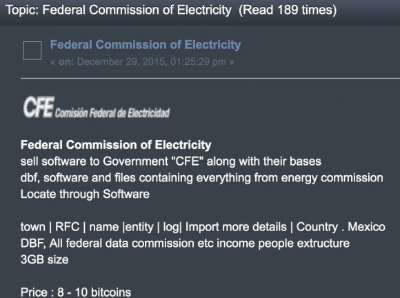 Den här posten från ett darknetforum säljer tillgång till Mexikos federala elektricitietskommission. Skärmdumpen har Epoch Times fått från en insider.
