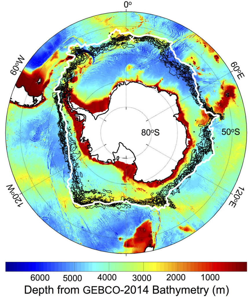 Karta över yttemperaturer (grader Celsius) kombinerat med konturlinjer för temperaturen på havsytan, -1 grad Celsius (svart) och -1,4 Celsius (grön), plottat över en karta från National Ice Center med utbredningen för Antarktis is den 22 september 2009. (Foto: NASA/JPL-Caltech)