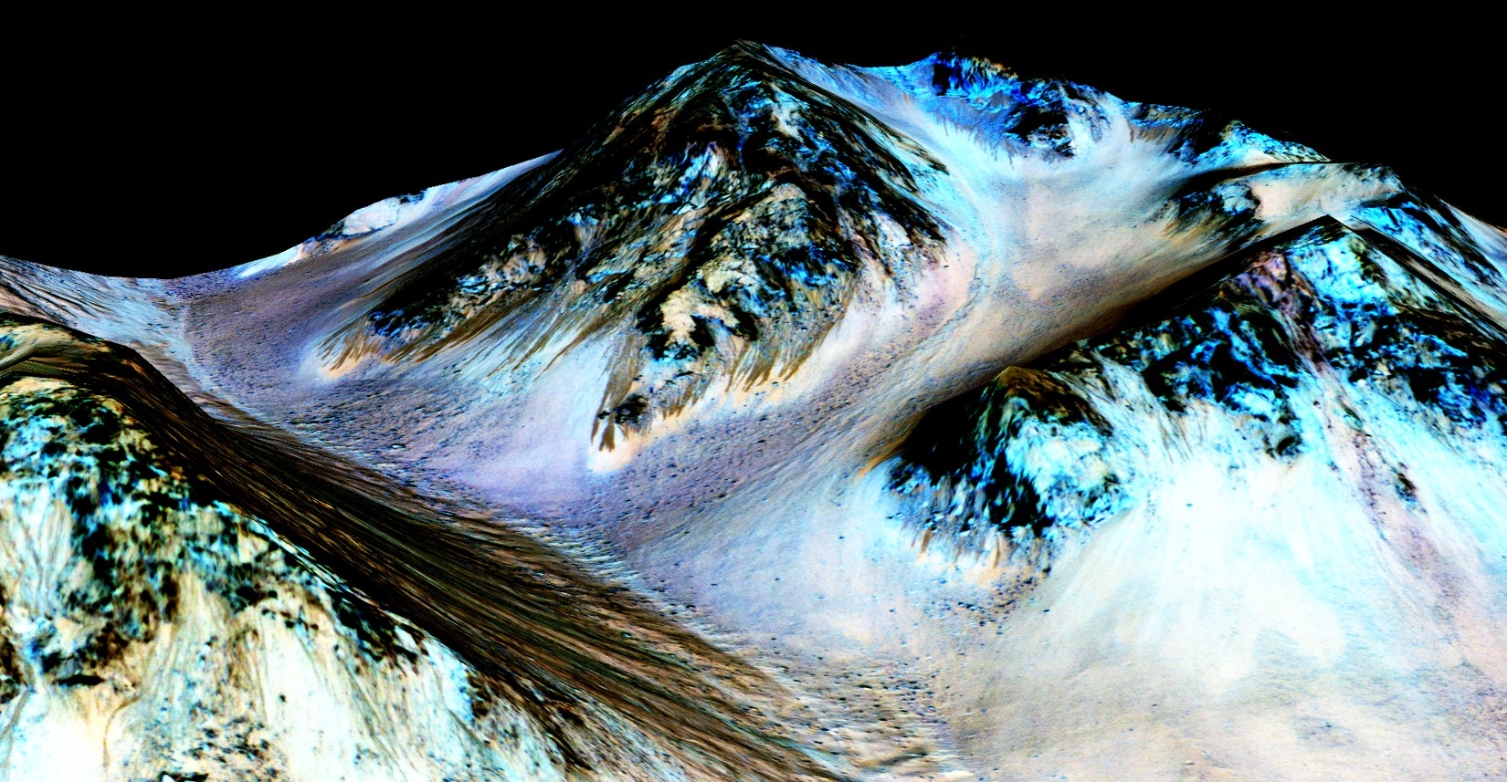 En renderad bild av planeten Mars yta. De mörka, smala, 100 meter långa banden på bilden tros ha formats av rinnande vatten. (Nasa/JPL/UNiversity of Arizona)