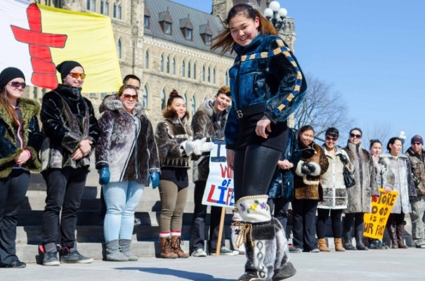 En inuit från Nunavut visar upp en jacka och stövlar i sälskinn under en modevisning/protest utanför parlamentet i Ottawa i Kanada. (Foto: Matthew Little)
