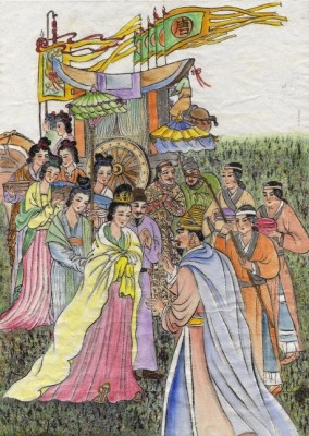 Prinsessan Wencheng anländer till Tibet. (Illustratör: Jane Ku)