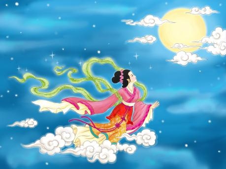 Chang`E far i väg till månen efter att ha druckit odödlighetens elixir. (Illustration: Tao Yin, Epoch Times)