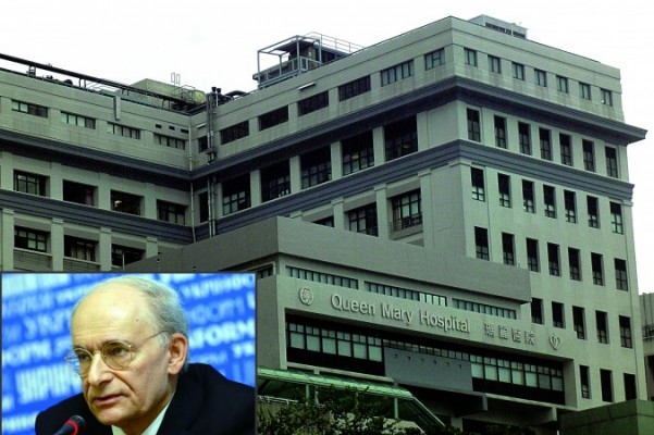 Detta bildmontage visar människorättsadvokaten David Matas (nedre vänstra hörnet) och Hongkongs Queen Mary Hospital i bakgrunden. Sjukhuset har ett register över levertransplantationer, vilket, om det öppnades för allmänheten, kan ge viktig information om organstölder i Kina. (Foto: Poon Chai-Shu/Epoch Times)