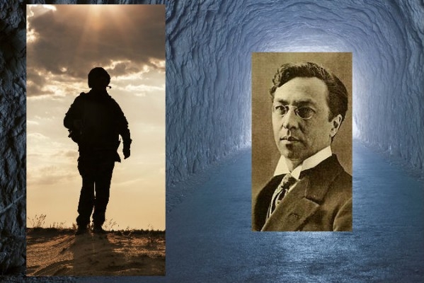 Till höger den ryske målaren Vasilij Kandinskij (1866-1944), (Wikimedia Commons), bredvid en siluett av en soldat samt en tunnel. (Thinkstock)
