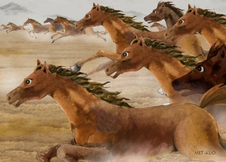 Tusentals hästar galopperar fram. (Illustratör: Hua Kuo, Epoch Times)