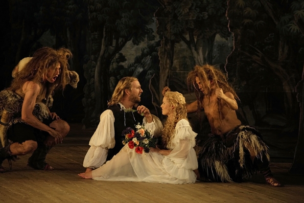 Claudio Monteverdis L'Orfeo har premiär på Drottningholms slottsteater den 28 juli. På bilden Pastore: Johan Cristensson, Orfeo: Rickard Söderberg, Euridice: Ida Falk Winland och Pastore: Conny Thimander. (Foto: Bo Ljungblom)