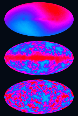 Ett exempel på en karta över temperaturen i den kosmiska bakgrundsstrålningen, där det blåa visar på kalla temperaturer och de röda på varmare. (Foto: NASA)