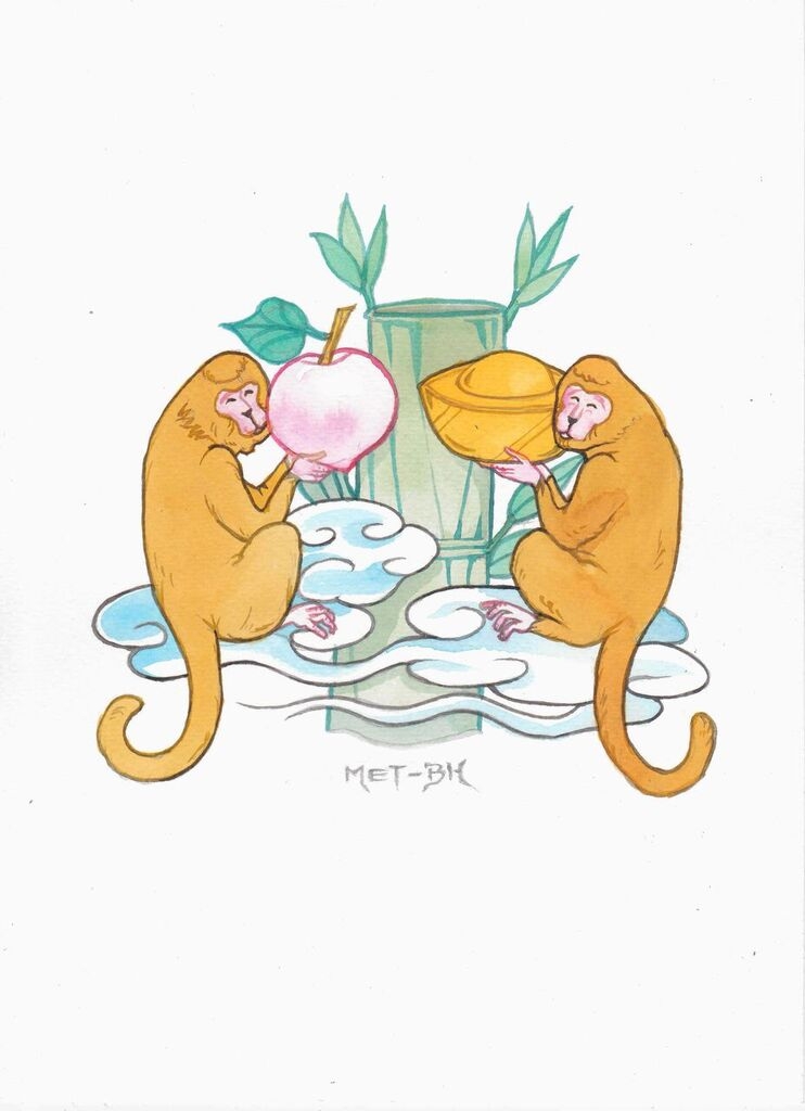 Gyllene apor anses vara lyckobringare. (Illustration: Blue Hsiao/Epoch Times) 