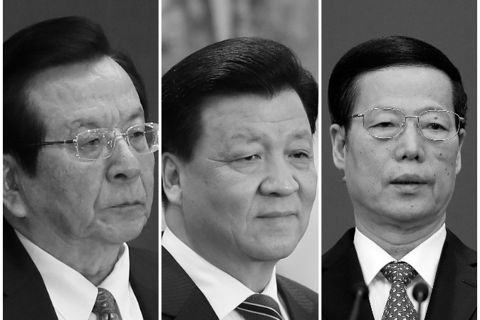 Bildtext: Från vänster till höger, den före detta vice presidenten Zeng Qinghong, propagandachef Liu Yunshan och vice premiärminister Zhang Gaoli. Samtliga har släktingar som enligt Panamadokumenten har skalbolag i skatteparadis. (Foto: Feng Li/Getty Images)