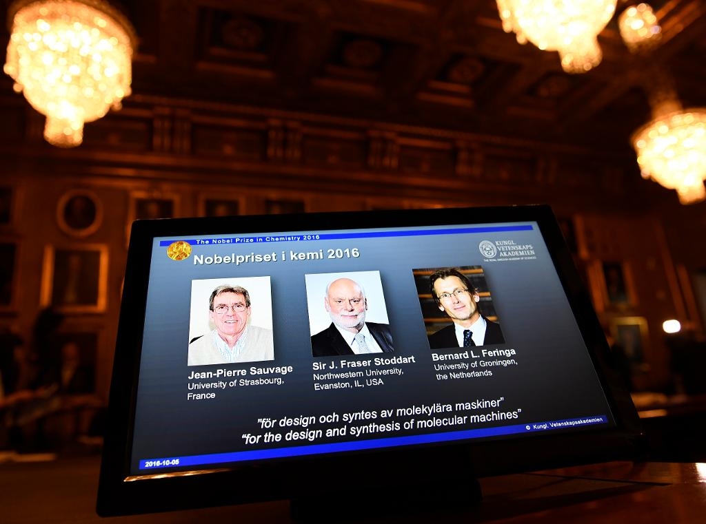 Så här ser årets kemipristagare ut - Jean-Pierre Sauvage, Fraser Stoddart och Bernard Feringa. (Foto: Henrik Montgomery/TT)