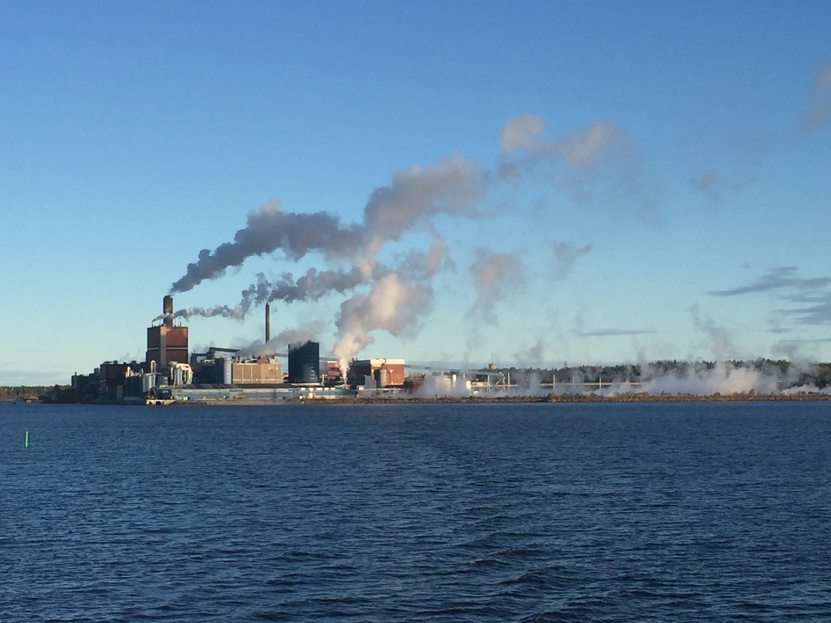 
Pappersbruket Billerud Karlsborg i Repskärsviken, Norrbotten. I projektet Fiberbankar i Norrland har områdena runt tidigare eller pågående massa- och boardfabriker samt sågverk undersökts. I Repskärsfjärden uppmättes höga halter HCB, som tidigare användes mot svampangrepp. Foto: Olof Larsson/Sveriges geologiska undersökning                                            