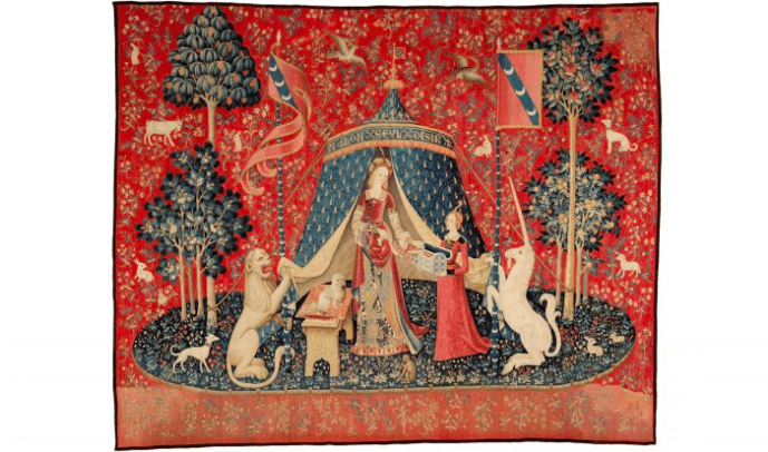 






“Min enda önskan”, ca 1500, från gobelängserien 'Damen och enhörningen'. Ull och silke, ca 377x270 cm. Musée de Cluny–Musée national du Moyen Âge, Paris. Foto. RMN-GP/M Urtado                                                                                                                                                                                                                                                                                                                    