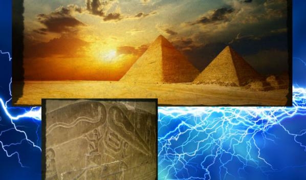 Nederst: Ett objekt liknande en glödlampa ingraverat i en krypta under Hathors tempel i Egypten. Foto: Lasse Jensen/Wikimedia Commons. Överst: Pyramider i Egypten. I bakgrunden: Illustration av elektricitet.