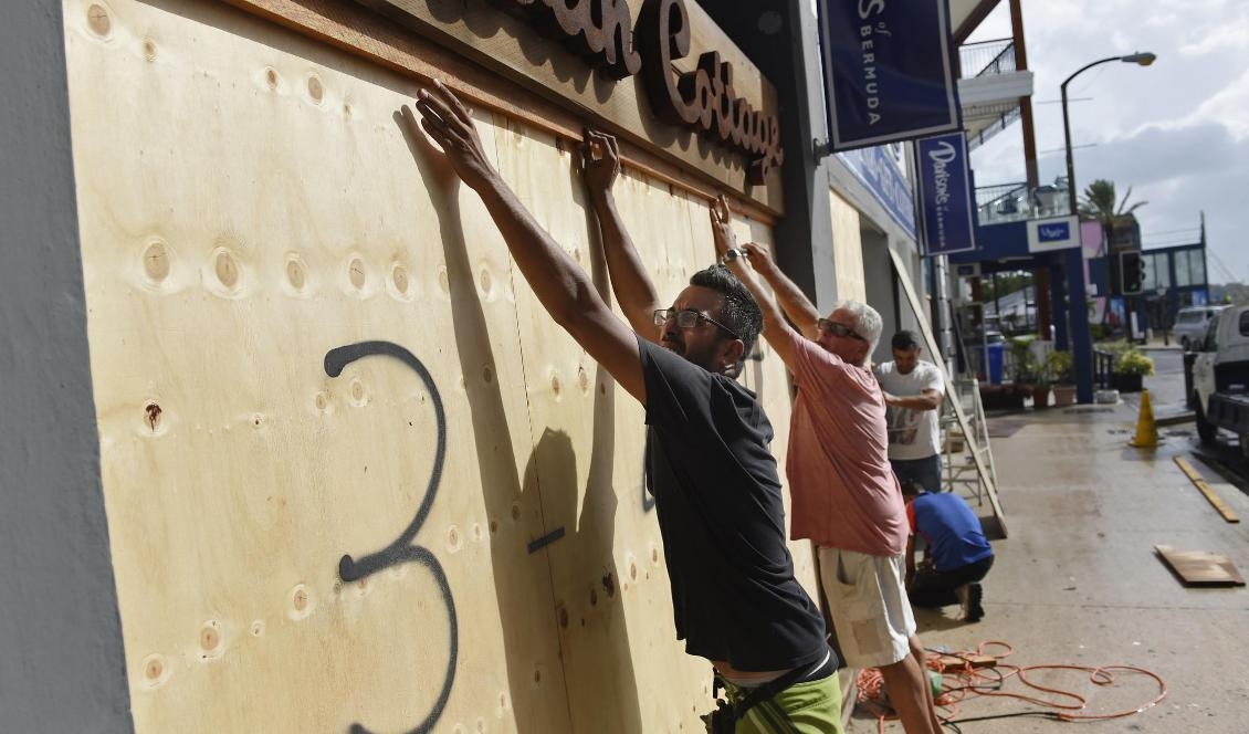 
Invånare i Hamilton, Bermuda, förbereder sig inför orkanen Humbertos ankomst. Foto: Akil J. Simmons/AP/TT                                                