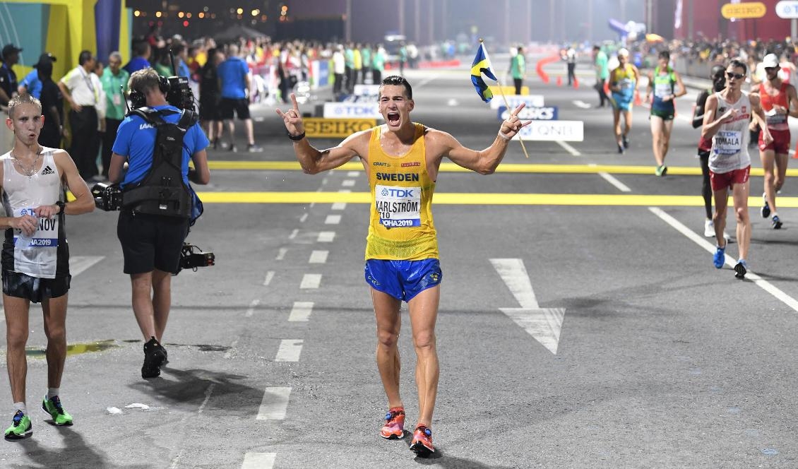 
Perseus Karlström tar brons i herrarnas 20 km gång under friidrotts-VM i Doha. Foto: Jessica Gow/TT                                                