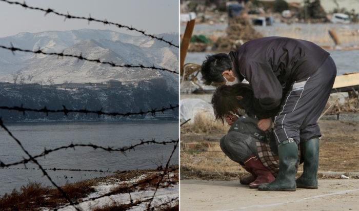 

T v Ett taggtrådsstängsel i nordöstra Kina. Foto: Mark Ralston/AFP /Getty Images T h En man som tröstar en kvinna. Foto: Jiji Press/ AFP/Getty Images                                                                                                