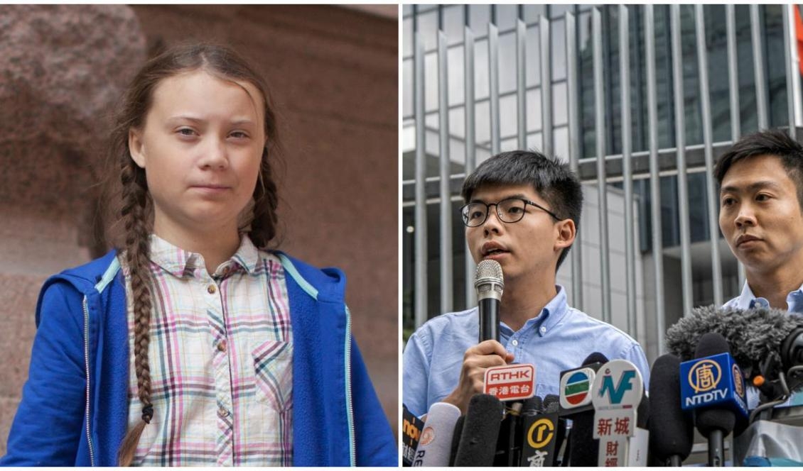 




(V) Greta Thunberg utanför riksdagshuset, augusti 2018. Foto: Anders Hellberg/CC BY-SA 4.0, (H) Joshua Wong, en av de unga demokratiaktivisterna i Hongkong, 2019. Foto: Studio Incendo/CC BY 2.0                                                                                                                                                                                                                                                