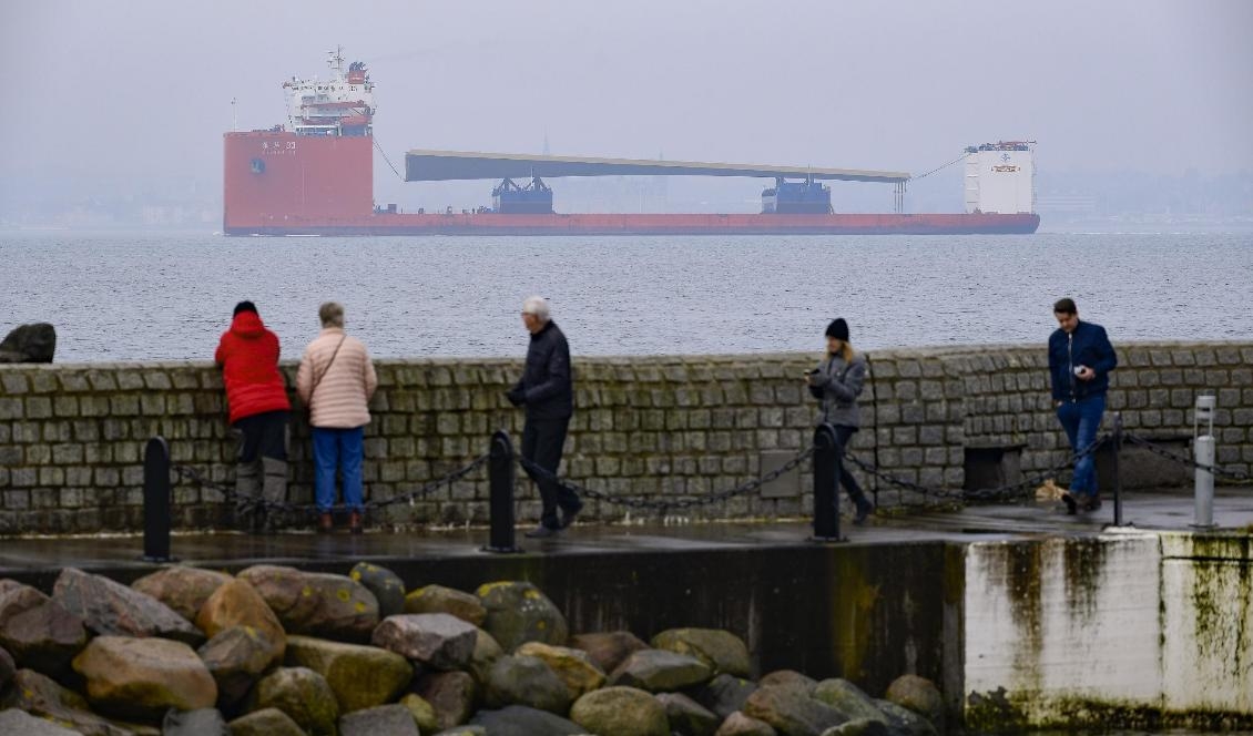 Nyfikna utmed kajerna i hamnen när speciallastfartyget M/S Zhen Hua 33 med Slussens huvudbro på däcket passerar Helsingborg i diset på måndagen. I morgon kommer bron till Stockholm. Foto: Johan Nilsson/TT