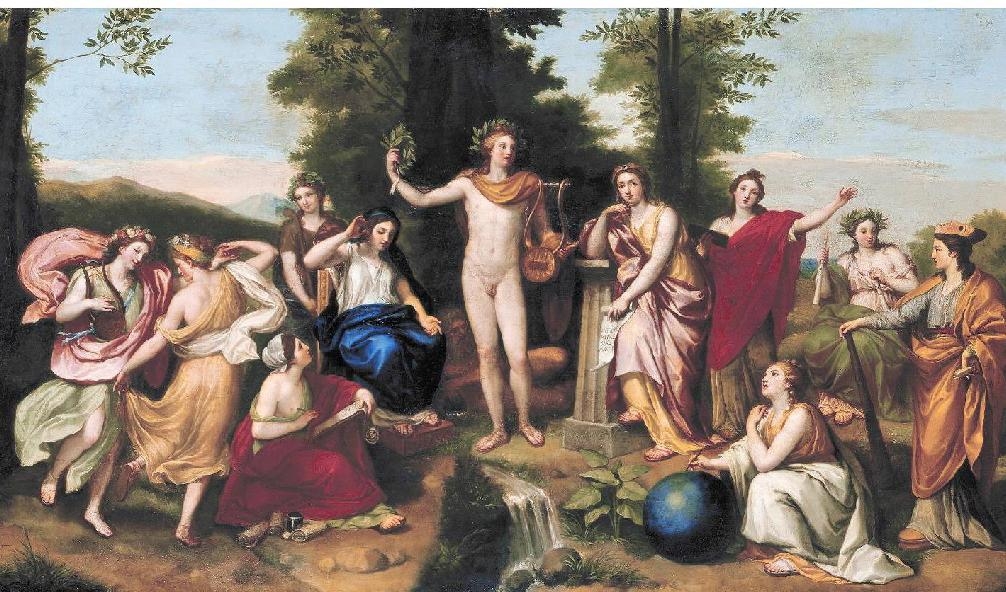 
Apollon, Mnemosyne och de nio muserna, fresk av Anton Raphael Mengs 1728-1779. Foto: Public Domain                                            