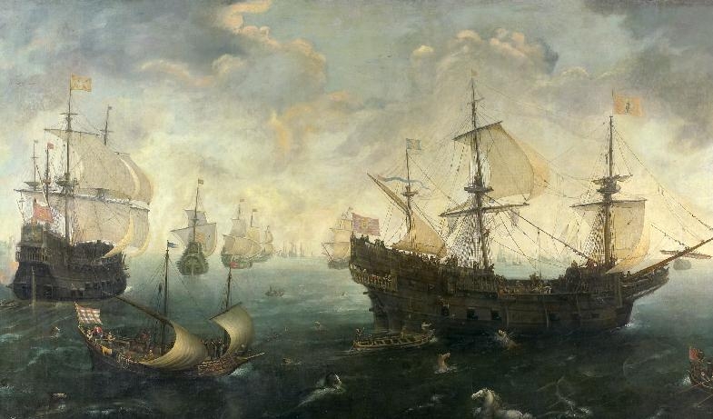 Spanske kungen valde fel tid att invadera England; England; en storm nära nog tillintetgjorde hans fruktade armada. Spanska armadan utanför Englands kust 1588. Cornelis van Wieringen, Riksmuseet Amsterdam. Foto: Public Domain