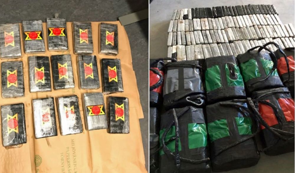 På den vänstra bilden syns paket med kokain. 24 kilo flöt i land utanför Styrsö i Göteborgs skärgård. På den högra bilden syns ytterligare beslag som gjordes i en lagerlokal i Landvetter. Foto: Polisen