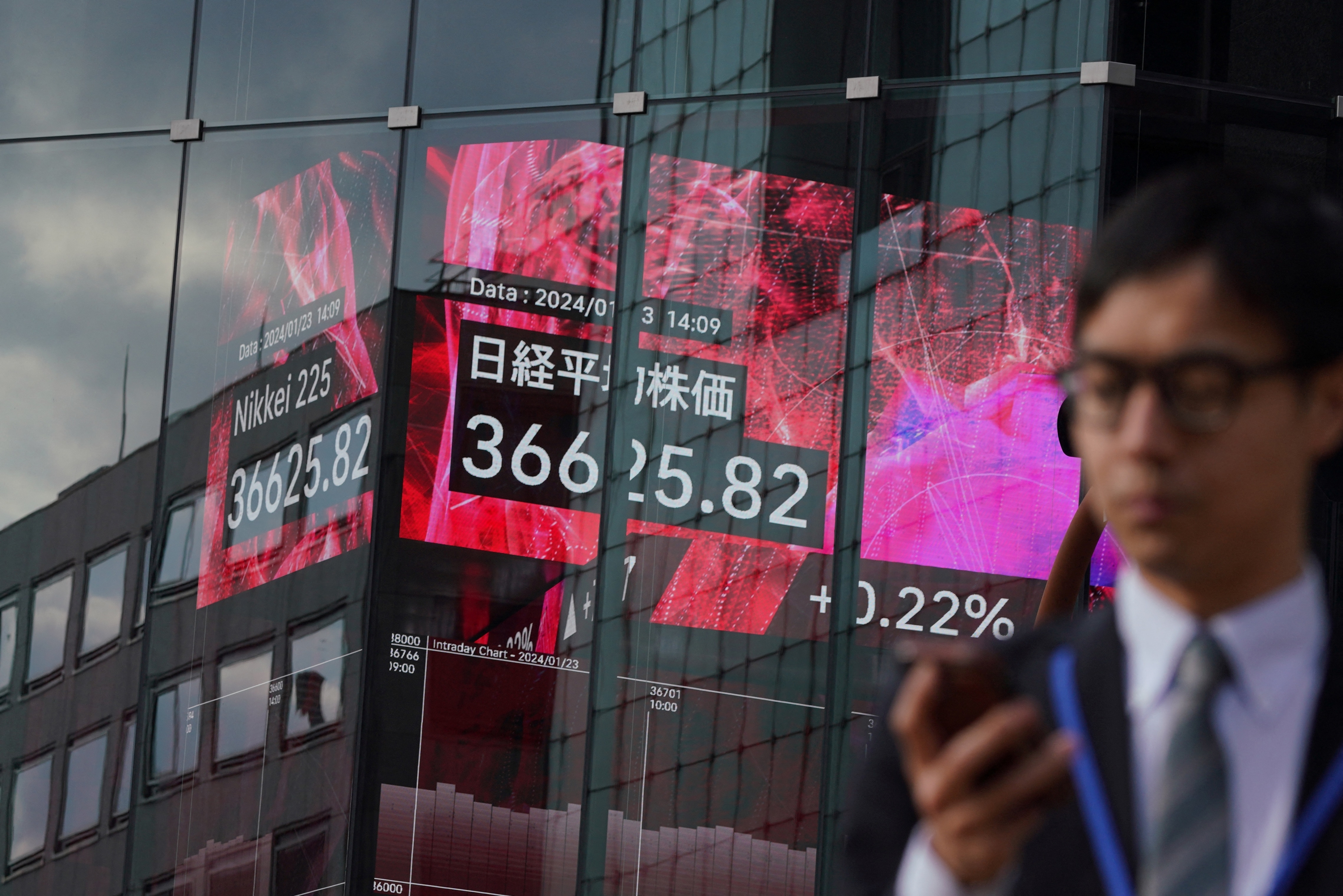 En elektronisk tavla visar aktiekursen på Tokyobörsen längs en gata i Tokyo i Japan den 23 januari 2024. Foto: Kazuhiro Nogi/AFP via Getty Images