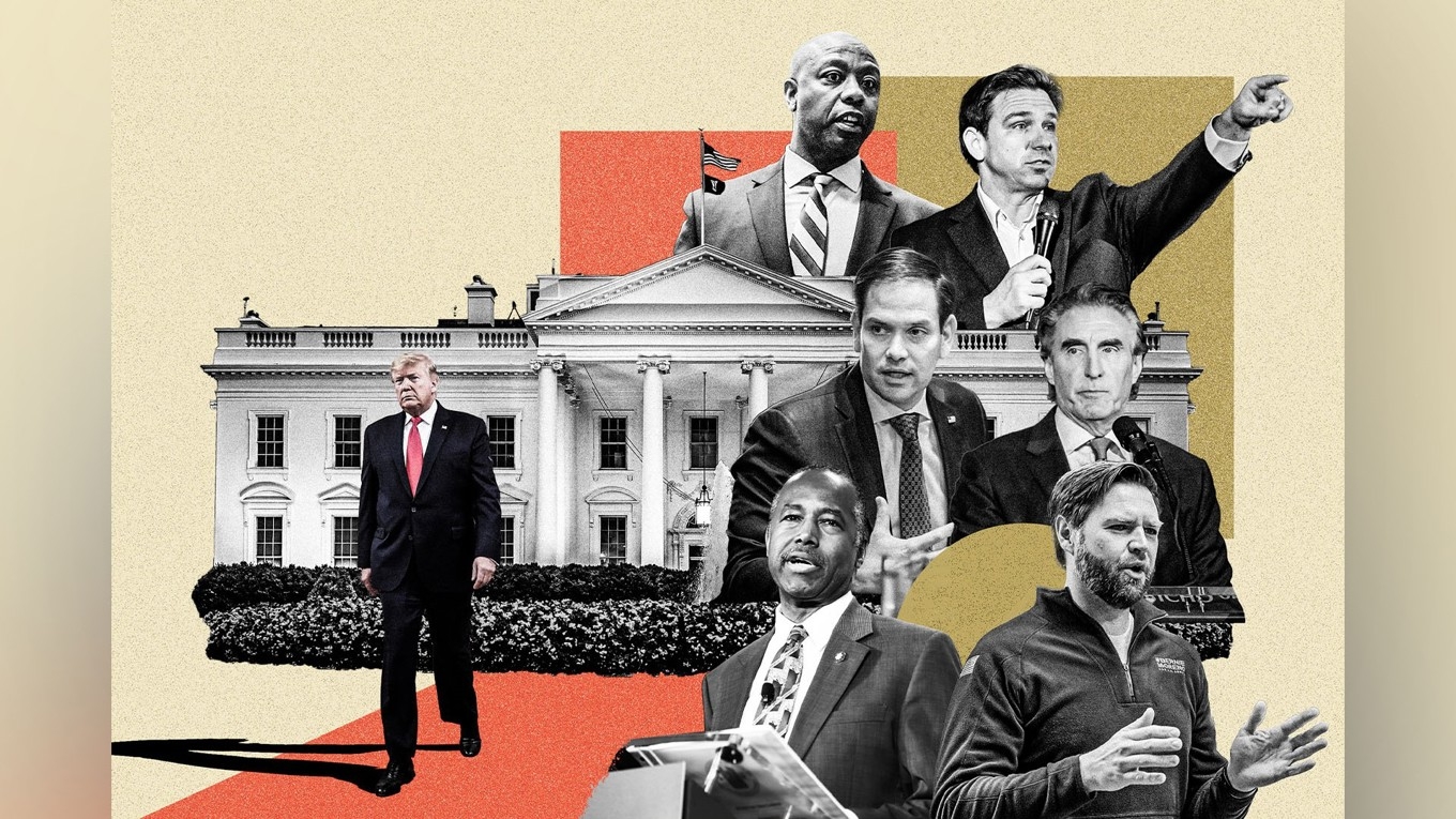 På högra sidan ses, uppifrån vänster: Tim Scott, Ron DeSantis, Marco Rubio, Doug Burgum, Ben Carson och J.D. Vance – möjliga vicepresidentkandidater. Illustration av Epoch Times, Shutterstock, Getty Images, Madalina Vasiliu, Samira Bouaou