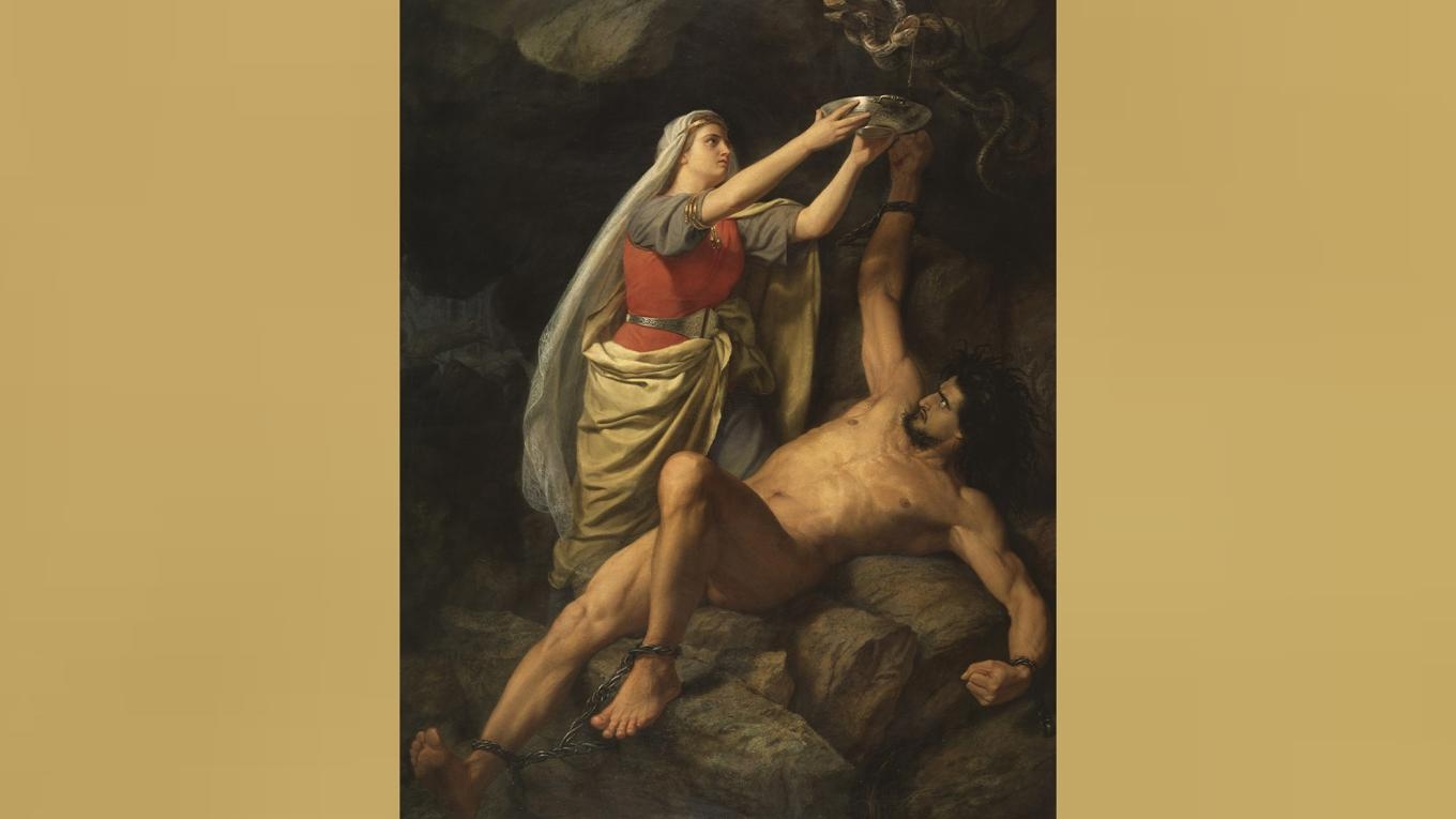 Sigyn, med skålen där hon försöker fånga ormens gift, och den fjättrade Loke, avbildad i en national­romantisk målning från 1863 av konstnären Mårten Eskil Winge.
Foto: Nationalmuseum