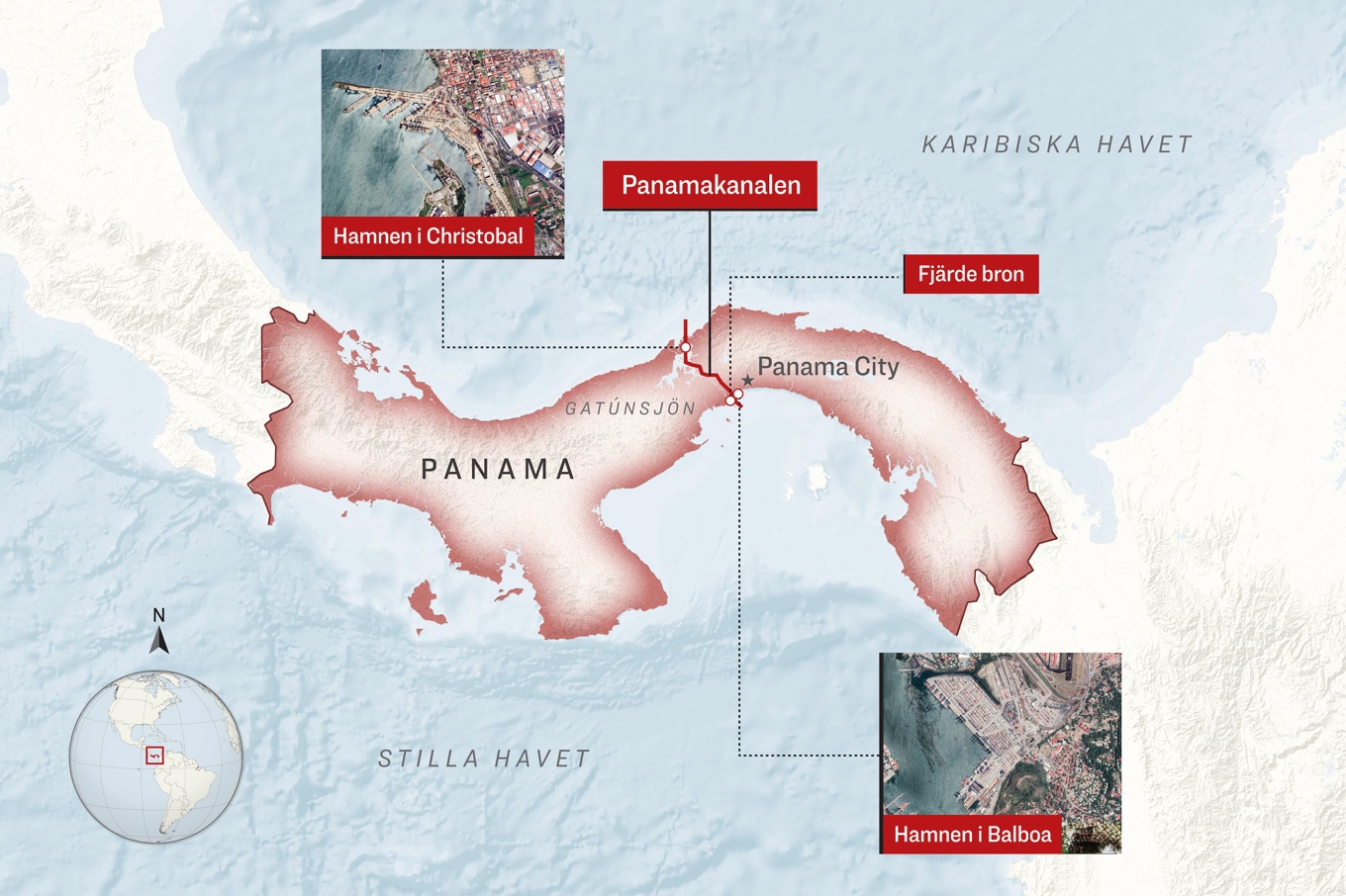 På illustrationen syns de båda Kinakontrollerade hamnarna och positionen för den fjärde bron. Foto: Epoch Times, Google Earth, Shutterstock