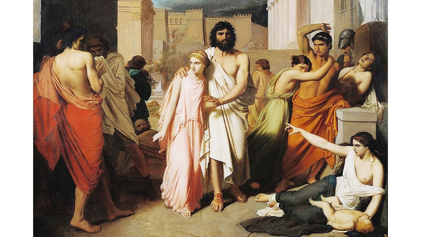 Antigone ledsagar sin blinde far, tillika bror, Oidipus. Målning av Charles Jalabert (1819–1901). Foto: Public Domain