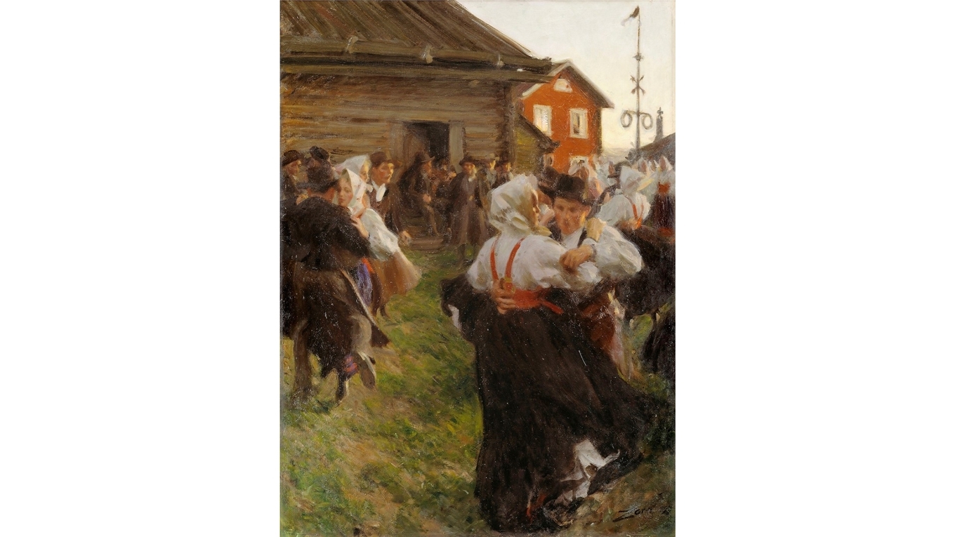 Anders Zorns levande målning ”Midsommardans” är mer än en bild: den är ett jublande ögonblick ur den svenska folksjälen, där glädje och vemod dansar hand i hand. Foto: Public Domain
